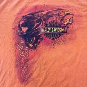 orange y2k affliction tribal style skull Harley Davidson motorcyle print tee L